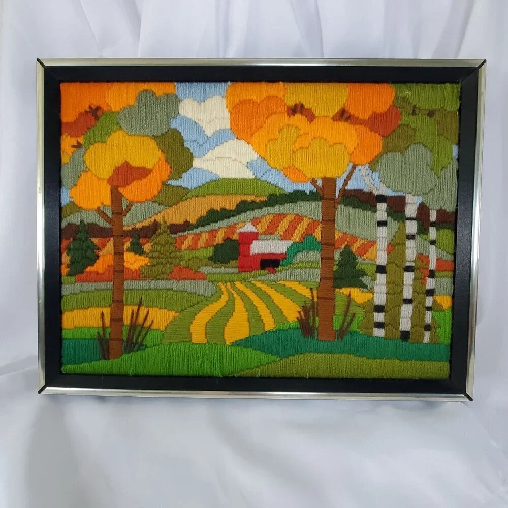 VTG 1970's Crewel Country Autumn Fall farm Scene Picture Framed Art 17”X13”